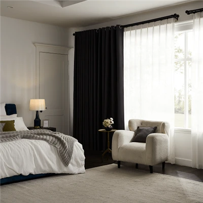 How do dark light - blocking curtains look in a modern - style room?